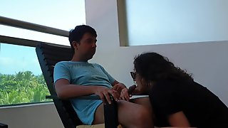 Caught giving blowjob and getting creampied by strangers on public balcony