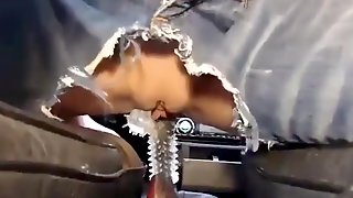 Pussy riding gear shifter with spiked rubber. Squirting in car!