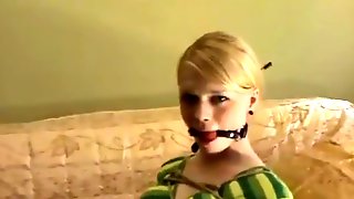 # ball gagged blonde chair tied