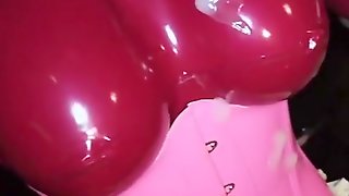 Total enclosed skinny rubberdoll fun with Giant two dildos fake cum on her rubber tits3