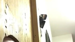 Old guy sucks at his homemade gloryhole