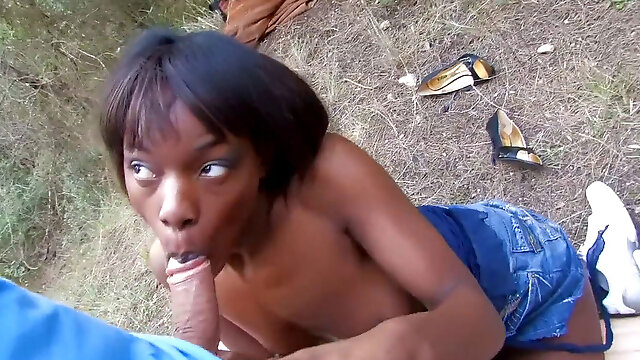 Thin French ebony slut humped in woods