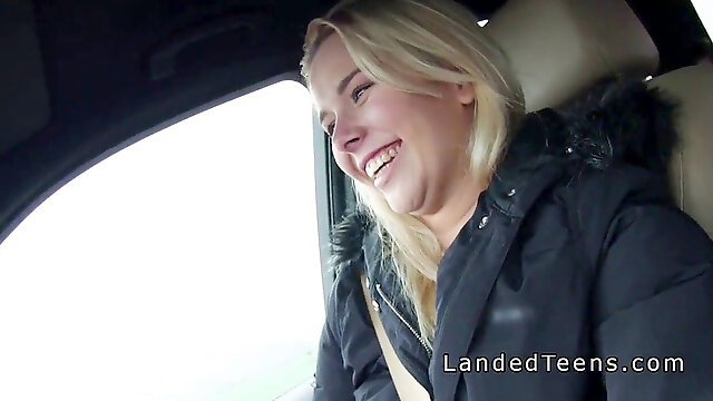 Blonde Euro teen deepthroating phat cock in car