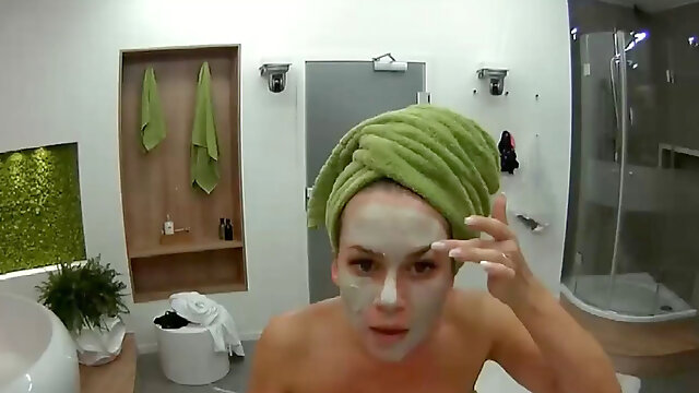 Nice lady washing hair in tub, nice lathering