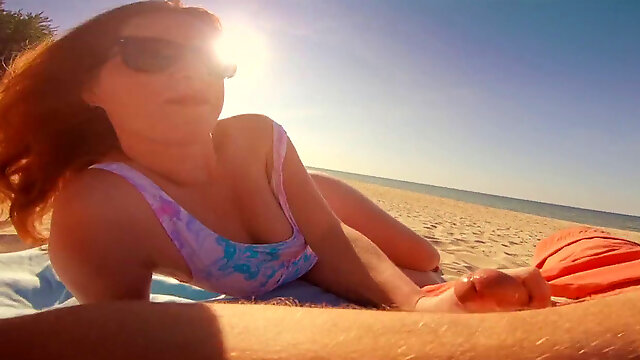 Jism on my Nose & Sun Glasses! Risky Amateur Redhead Public Beach fast blowage