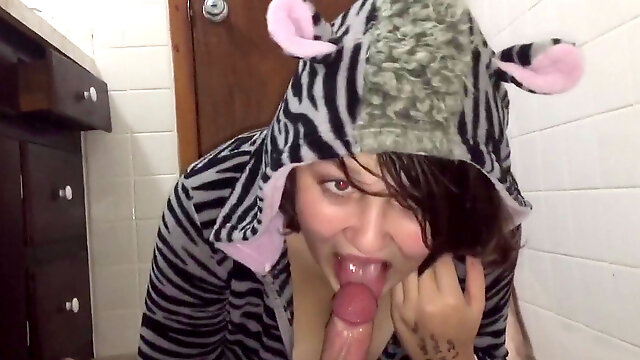 Face plumbing unshaved Teen In a Zebra Onesie With pop-shot