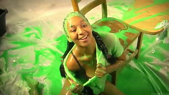 Black nerd gal Covered In Green Slime - FULL