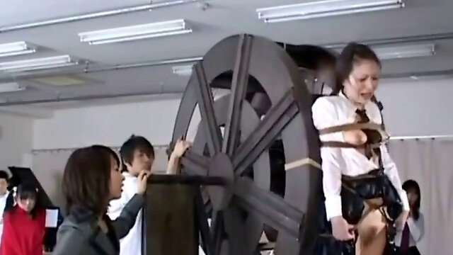 Japanese schoolgirls punished on waterwheel