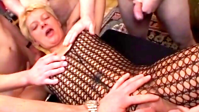 Blonde german slut very first mass ejaculation gangbang