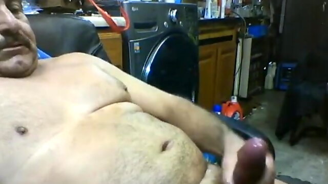 Mature beefy dad milking his fat cock and cumming twice