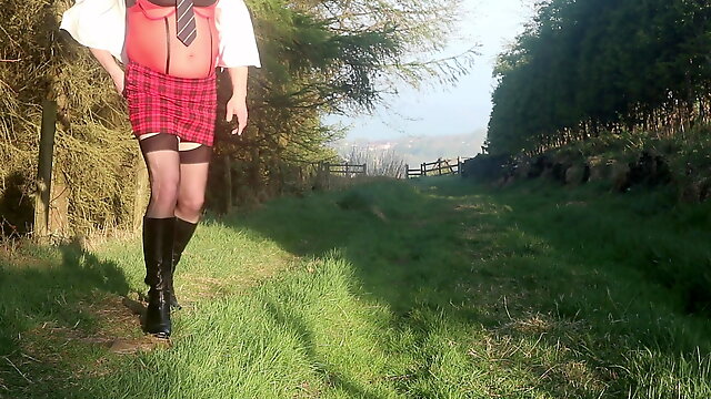 Crossdressing on a woodland path