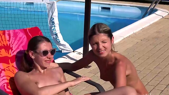 Spoiled teen brunette, Gina Gerson and Stefanie Moon are often masturbating by the swimming pool