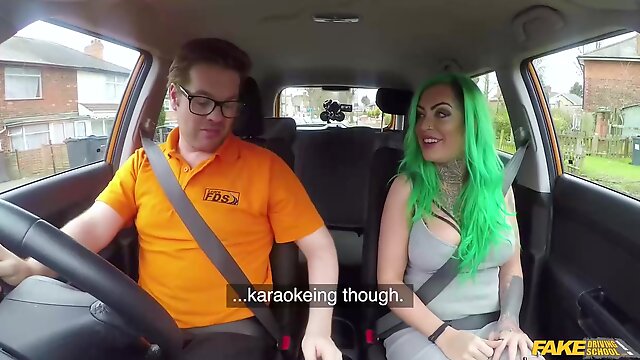 Horny babe with green hair, Madison Phoenix likes to suck cock and get fucked in the car