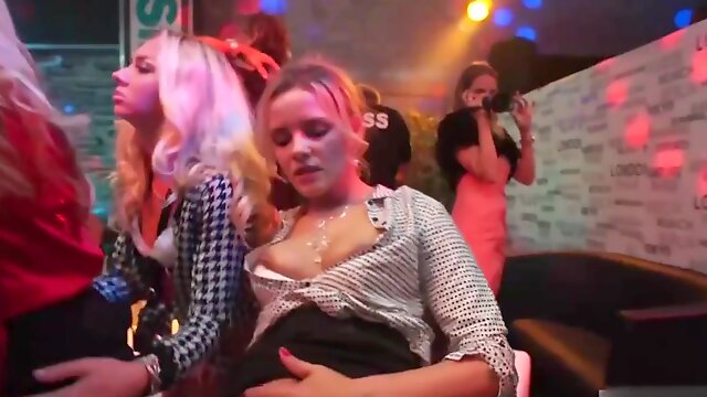 Horny babes are having group sex in the night club with guys whose names they don't know