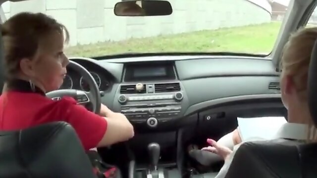 Teen daughter having hot lesbian sex with busty MILF blonde Stepmom car