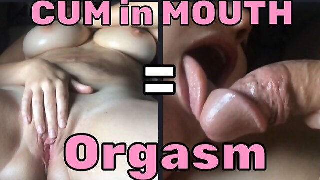 Horny MILF masturbates and tastes cock; has orgasm during cum in open mouth
