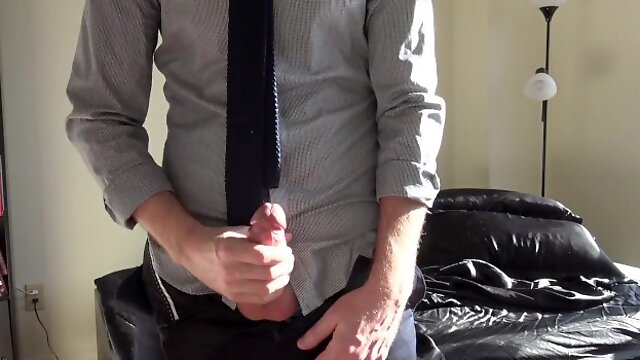 Hot guy in a tie talks dirty, moans loudly & shoots a big load for his baby