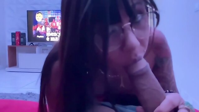 Brunette with glasses, Amanda Souza is sucking her lovers dick, while his wife is out of town