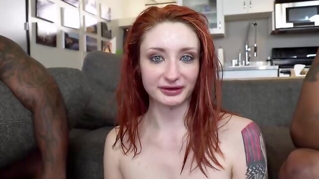 Red haired beauty, Violet Monroe had interracial threesome with black guys, in her new kitchen