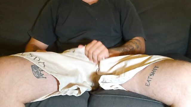 Fucking my Fleshlight through shorts and shooting huge load with no hands