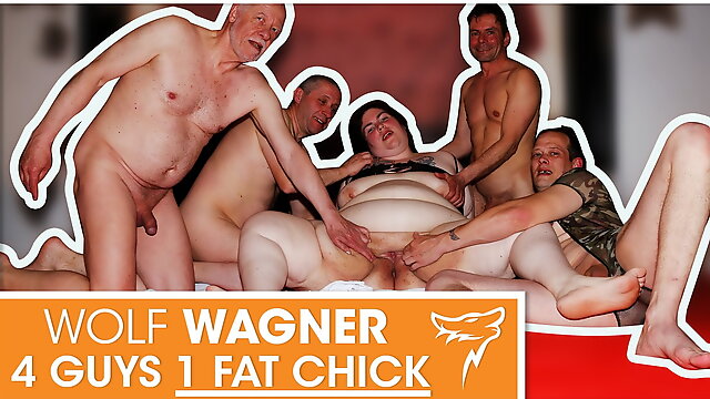 Swinger orgy! Fat slut enjoys 3 hard cocks! WolfWagner.com