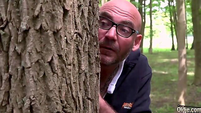 Bald guy is fucking his neighbors slutty girlfriend in the nature, while no one is watching them