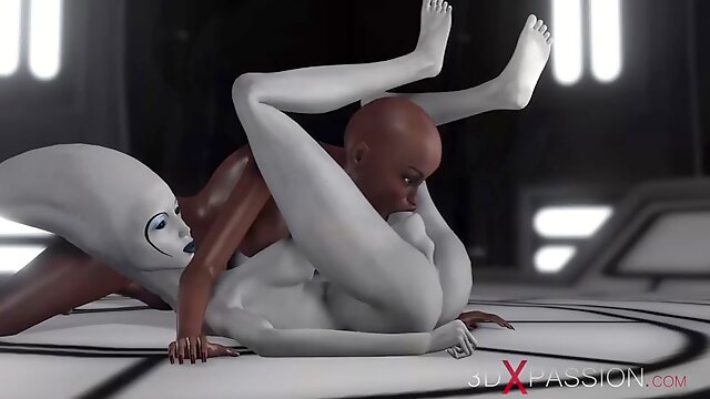 Sexy scifi female alien plays with a black girl in the space station