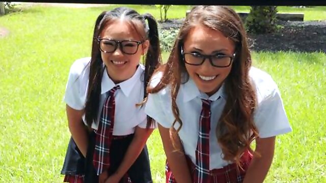 Two cute schoolgirls Mackenzie Mace and Lulu Chu share a huge dick