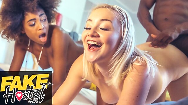 Fake Hostel Petite teens first big black cock threesome with ebony couple