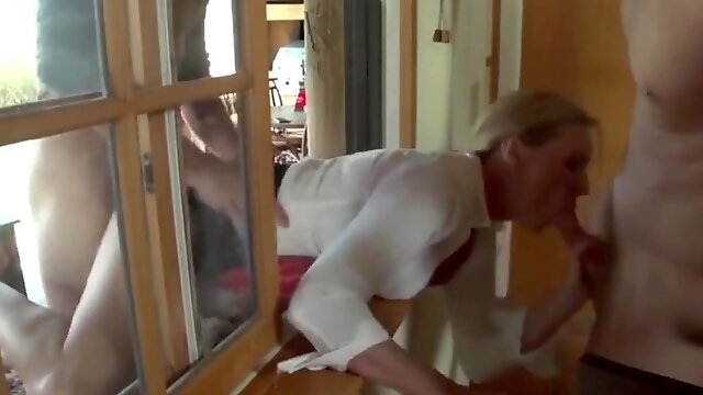 MILF Stuck in Window and Fucked by 2 Men