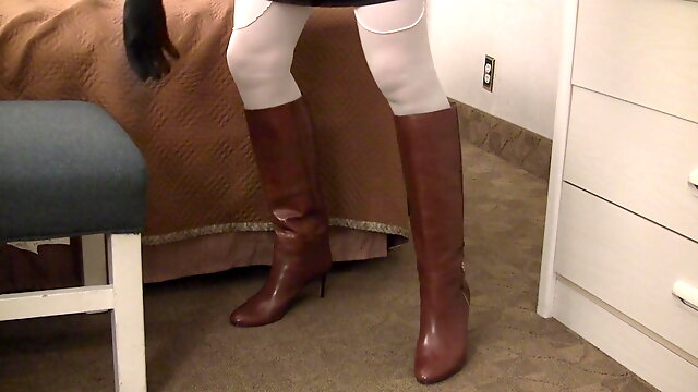 Trying on sexy new brown leather lined knee-high boots