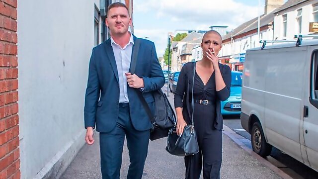 Bald babe with nice tits Gabi Gold rammed in the cowgirl pose