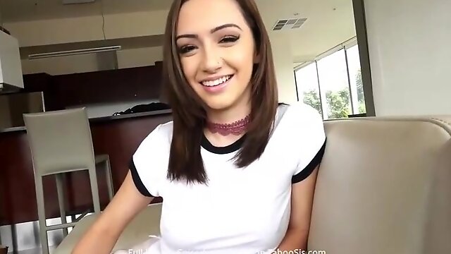 Small teenage black-haired has that nasty smirk on her face, while getting well-prepped to fellate sausage