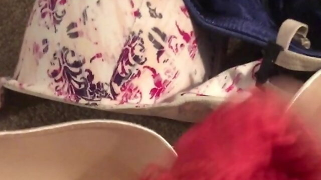 Jerking with wife satin panties and bra cumshot in bra cup 