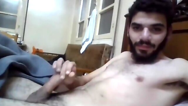 Handsome Bearded Smooth Guy Jerks Off His Big Uncut Cock