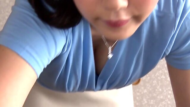 Japanese babe with big fake tits seducing a shy guy