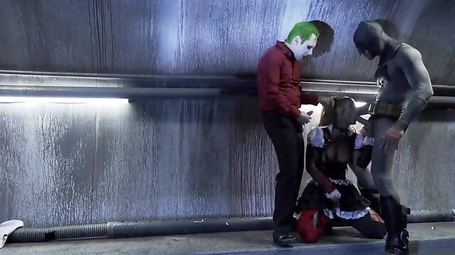 A sexy bimbo is getting fucked by two men in a batman parody scene