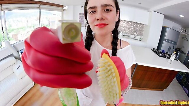 Naughty small-titted Colombian maid Luna Ruiz enjoys POV fuck and facial