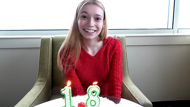Very petite blondie has just turned 18 and is making her