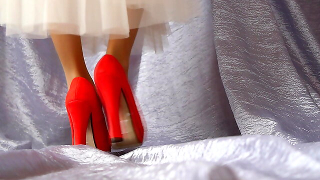ASMR Female legs in red high-heeled shoes