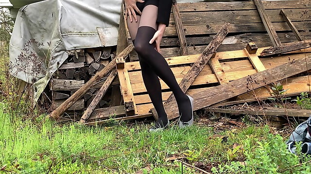Crossdresser in the woods shooting a nice load in ballerinas