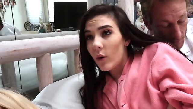 Stepdads fuck blonde and brunette sweeties to help them warm