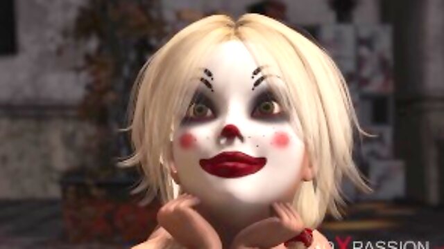 Joker bumst eine süße sexy Blondine mit Clownsmaske in dem verlassenen Raum hart