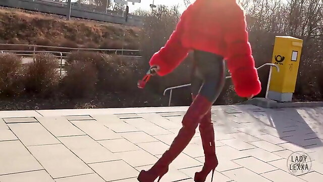Walking in red boots