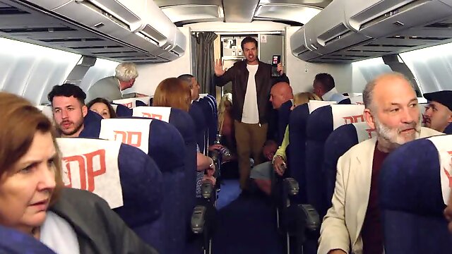 Pilot and a couple of sexy flight attendants fuck on the plane