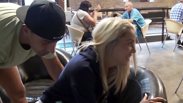 Hot blonde is getting her pussy fucked while she is in a cafe