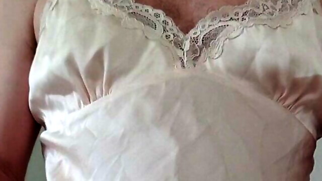 Exposing MarieJo panties in satin nightie and stockings