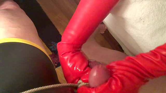 Red Rubber Gloves Cock Massage