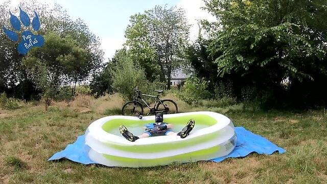 Cyclist Pup In Pool - Cooling Down And Pawing Off