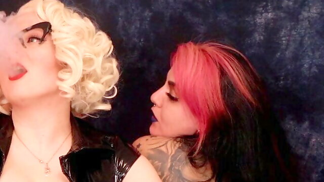 Smoking lesbian domination in PVC – Mistress and Strap-on Face Fuck